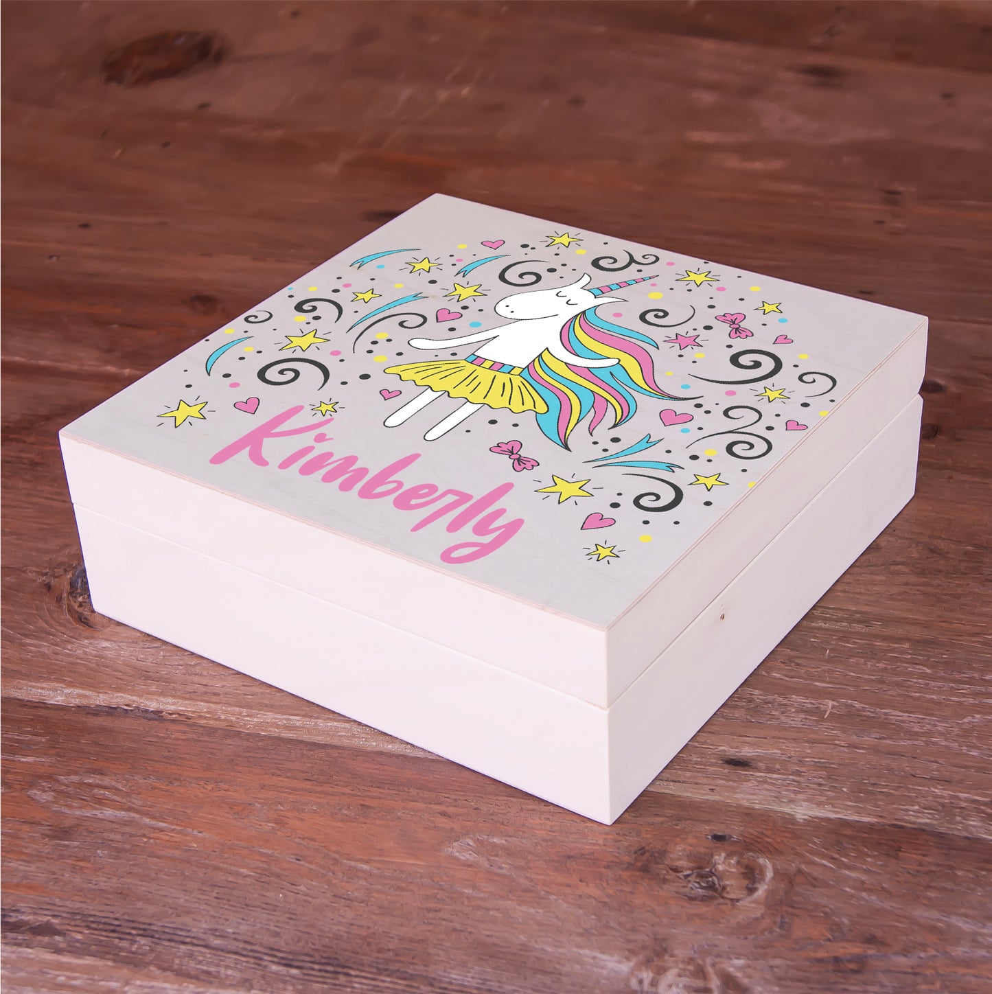 Caixa de memória de madeira personalizada para presente com nome de bebê personalizado para meninas - tema unicórnio