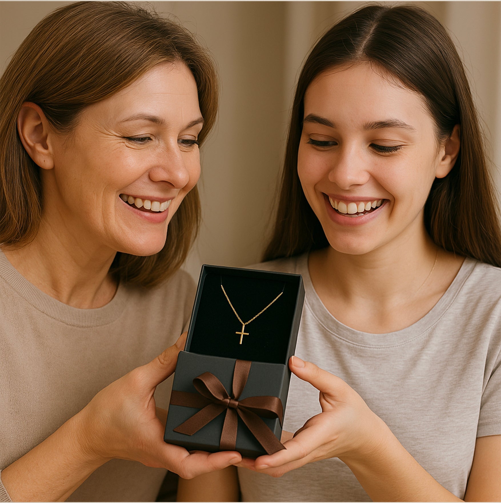 Mother giving daughter an 18K gold cross necklace in black gift box with satin ribbon.