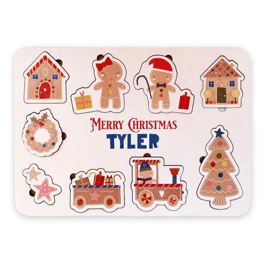 Quebra-cabeça de nome de madeira com o tema Gingerbread Man - Presente de Natal personalizado para crianças