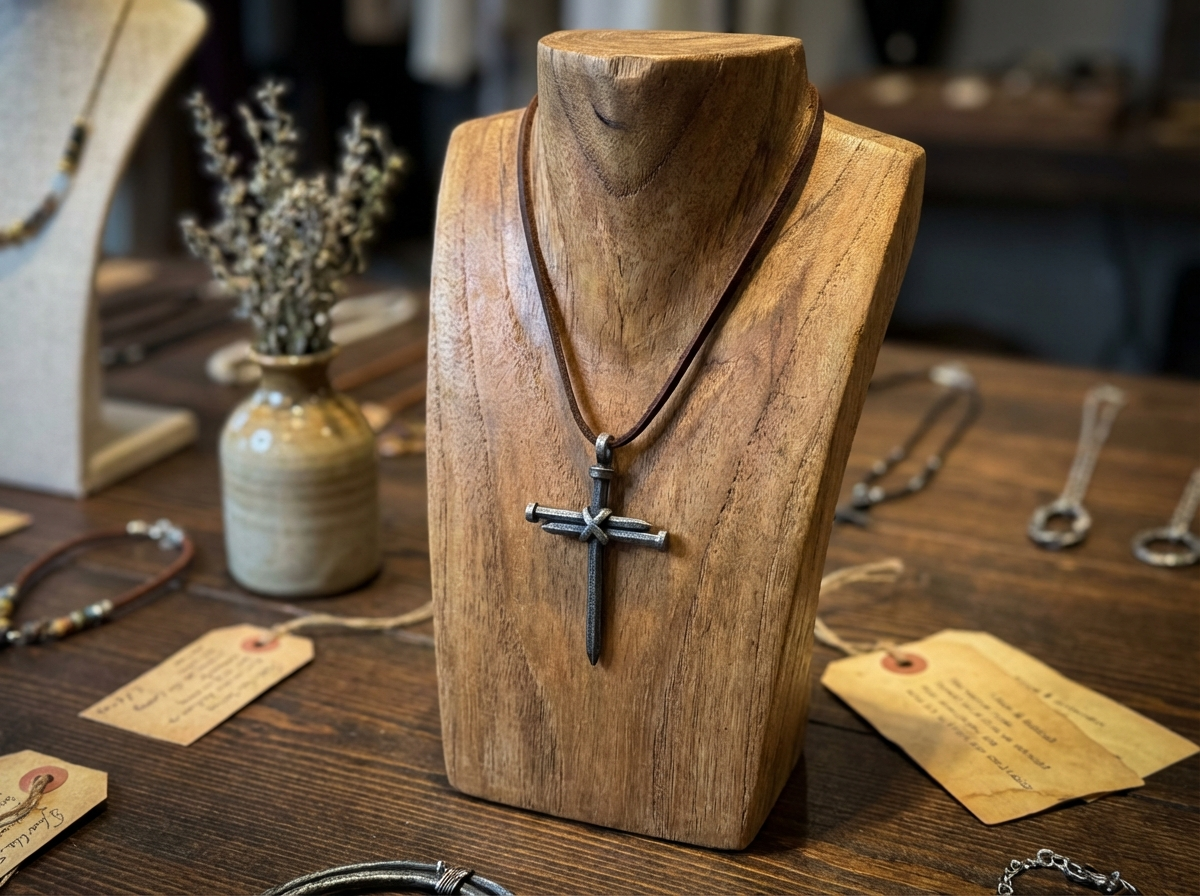 Wooden necklace stand with a 3 nails  cross necklace with the leather cord on a wooden table with tags.