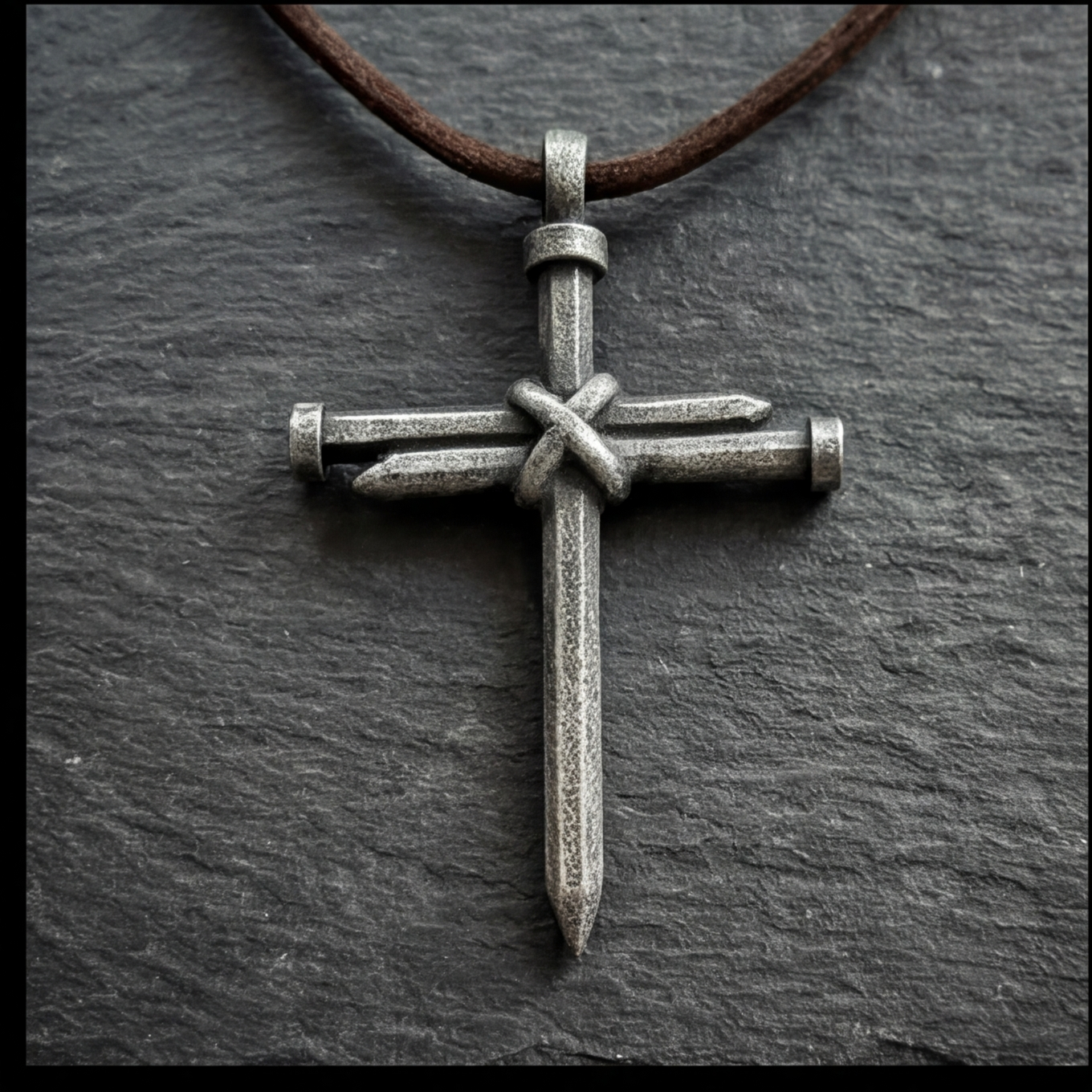 rugged 3 nails cross pendant with a leather cord, necklace for men