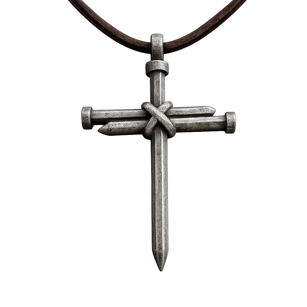 rugged three nails cross pendant necklace with brown leather cord against a white background