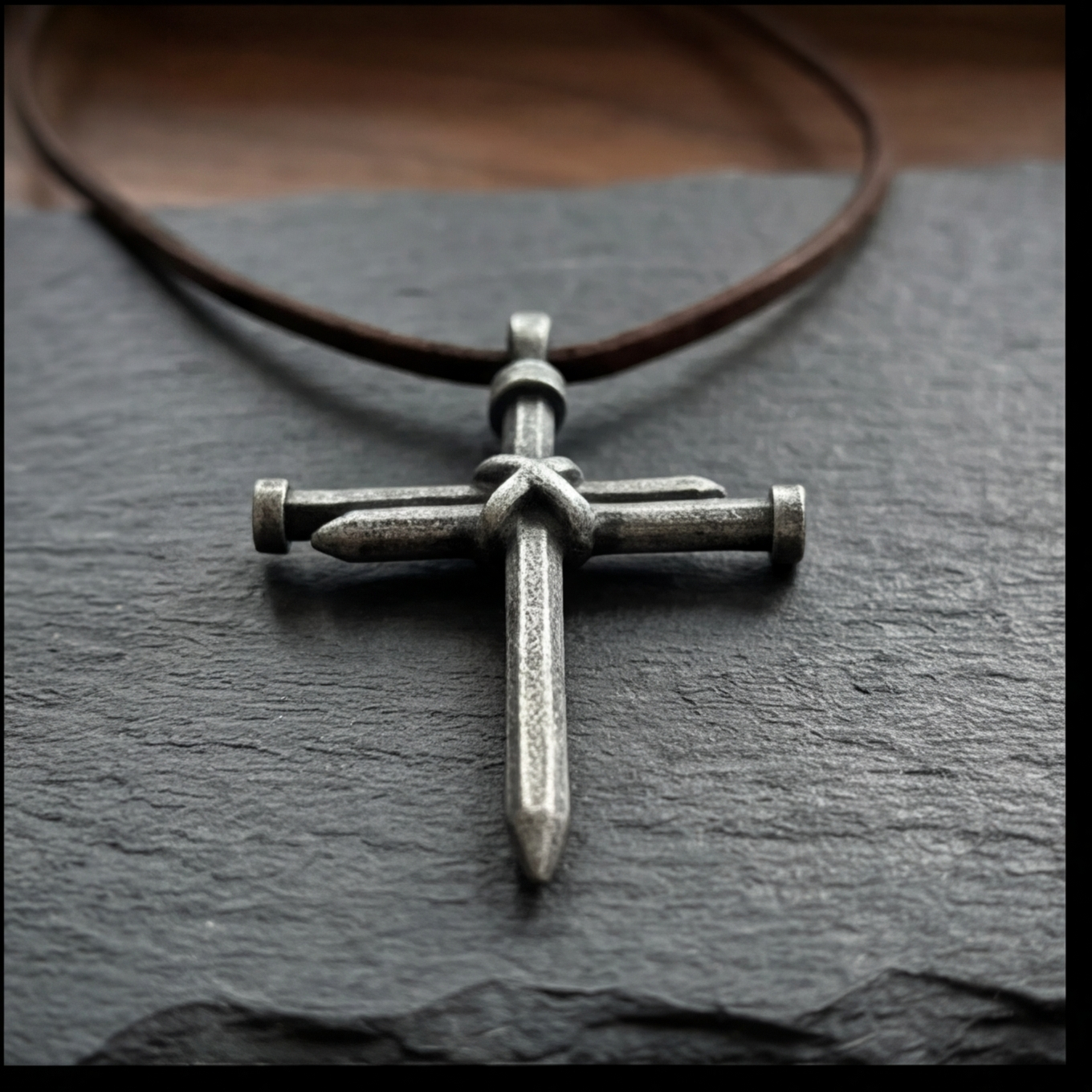 rugged 3 nails cross pendant with a leather cord, necklace for men