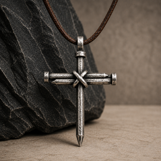rugged three nails cross pendant necklace with brown leather cord against a white background