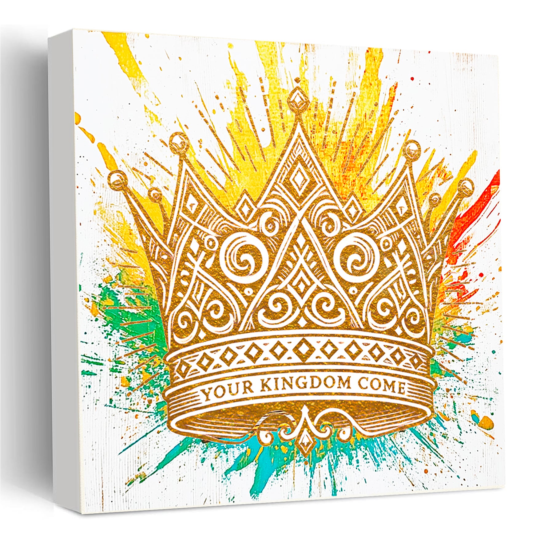 Inspirational wooden scripture sign with ornate gold crown – “Your Kingdom Come” Christian desk or shelf decor